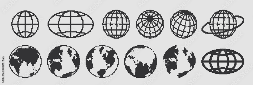 Poster pixel planet for design in y2k style. retro futuristic elements. globe sign in techno style. vector 