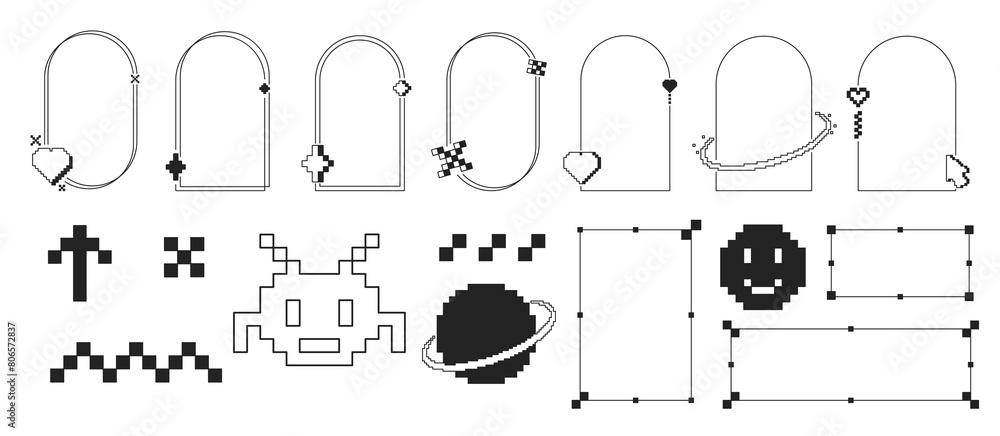 Poster retro futuristic arches set isolated on white background with hearts, star and arrow. design with pi