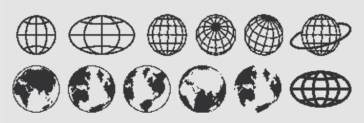 Pixel planet for design in y2k style. Retro futuristic elements. Globe sign in techno style. Vector illustration.