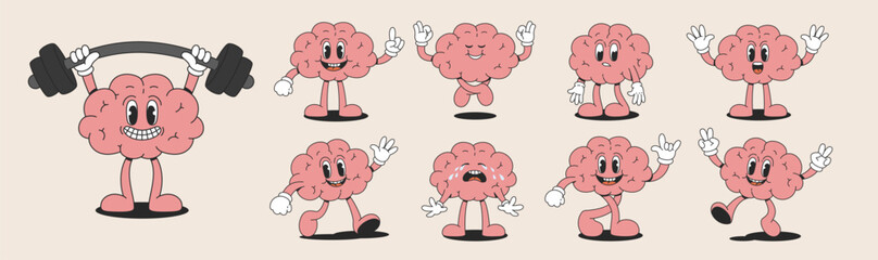 Retro cartoon collection of a funny brain. Trendy groovy characters. Vector illustration