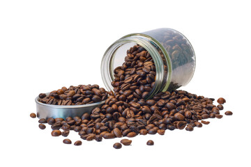 Coffee beans scattered from the jar, isolate white background.
