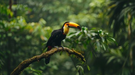 A toucan in profile, perched on a gnarled branch, with the lush green tropical forest providing a perfect backdrop