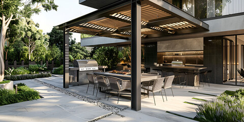 Beautiful covered terrace in the green garden of a luxurious country house gray tile floor dining . 
