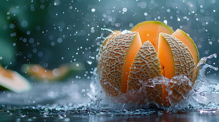 water splashing onto Cantaloupe, in the style of cleared background, Fresh, clean fruit juice with a Cantaloupe flavor, a flavored fruit drinks, fresh fruit products from organic gardens.