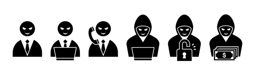 Hacker icons. Operating a laptop, making a phone call, unlocking a door, counting bills, etc.