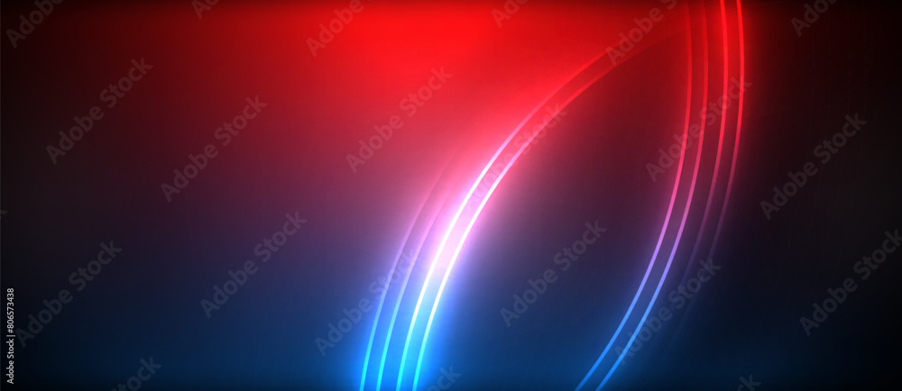 Poster a stunning contrast of colorfulness as red and blue lights shine on a black background, creating a b