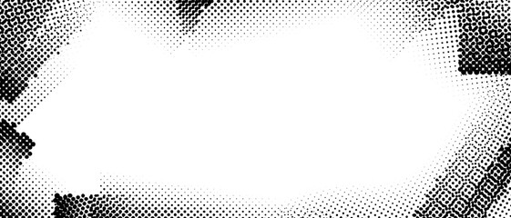 Halftone grunge frame. Retro dotted border overlay template for poster, design cover, banner, booklet, brochure, magazine. Vintage scratched background. Textured pop art comic brush wallpaper. Vector © vika_k