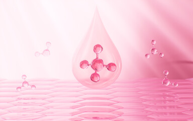Pink molecules are on the skin tissue, skincare and biomedical concept, 3d rendering.