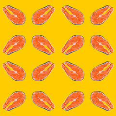 Fish steak. Fish steak stylization. A piece of red fish. Vector graphics. Pattern