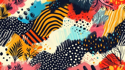 A playful illustration bursting with a variety of patterns, from floral and prints to stripes and polka dots, all woven together in a chaotic yet harmonious way.