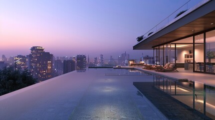 A contemporary villa with a rooftop swimming pool capturing the cityscape in its still waters at dusk