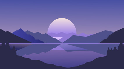 Flat illustration of sunset over the lake, very colorful background