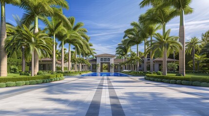 Fototapeta premium A grand entrance to a luxury pool home, with majestic palm trees lining the driveway