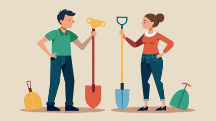 Fototapeta premium A young couple inspecting an assortment of vintage shovels and hoes debating which ones to add to their collection.. Vector illustration