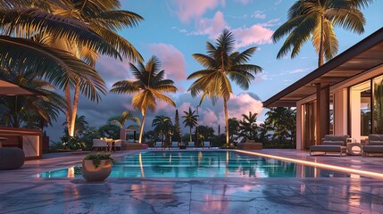 Obraz premium A luxury pool home's elegant outdoor area, with palm trees swaying gently in the evening breeze