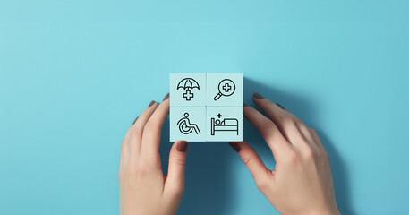 Health insurance concept, Health care checkup, Access to welfare health, Wellness and medical, Woman hold cube and healthcare insurance icon on pastel blue background, World health day