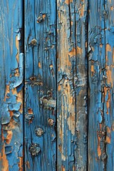 Detailed view of a blue wooden wall with peeling paint, showcasing the weathered texture and rugged appearance