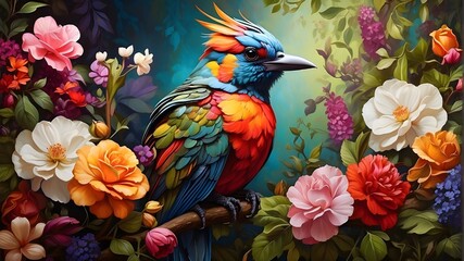 Obraz premium A majestic, multi-colored bird perched on a branch, surrounded by lush greenery and vibrant flowers.