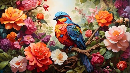 A majestic, multi-colored bird perched on a branch, surrounded by lush greenery and vibrant flowers.