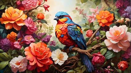 Obraz premium A majestic, multi-colored bird perched on a branch, surrounded by lush greenery and vibrant flowers.