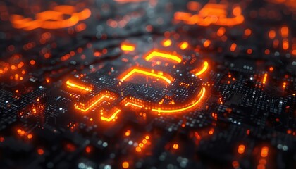 Futuristic visualization of a glowing Bitcoin. The background is a dark circuit board with glowing orange lights.