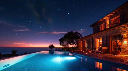 A Mediterranean house's pool illuminated by underwater lights, with starry skies above