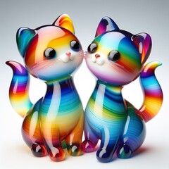 Obraz premium A stunning blown glass sculpture of a playful, a couple kitten with seamlessly blended rainbow colors, white background