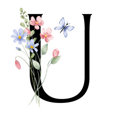 Letter U, floral monogram with watercolor wild flowers and leaf. Letterhead, initial perfectly for wedding invitation, greeting card, logo, poster and other design. Holiday design hand painting.