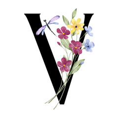 Letter V, floral monogram with watercolor wild flowers and leaf. Letterhead, initial perfectly for wedding invitation, greeting card, logo, poster and other design. Holiday design hand painting.