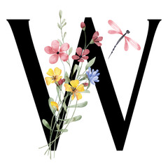 Letter W, floral monogram with watercolor wild flowers and leaf. Letterhead, initial perfectly for wedding invitation, greeting card, logo, poster and other design. Holiday design hand painting.