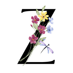 Letter Z, floral monogram with watercolor wild flowers and leaf. Letterhead, initial perfectly for wedding invitation, greeting card, logo, poster and other design. Holiday design hand painting.