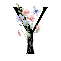 Letter Y, floral monogram with watercolor wild flowers and leaf. Letterhead, initial perfectly for wedding invitation, greeting card, logo, poster and other design. Holiday design hand painting.