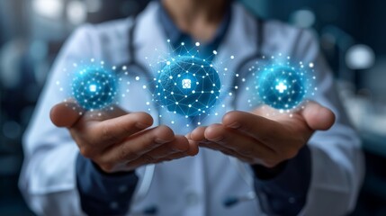 Businessman hold virtual medical network connection icons