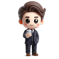 A 3D cute illustration of a young businessman character with a smartphone