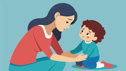 A mother gently comforting her child after they fall and hurt themselves.. Vector illustration