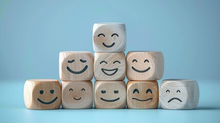 world mental health day concept or feedback rating and positive customer review. wood cube stacking with emotion face icon on blue background