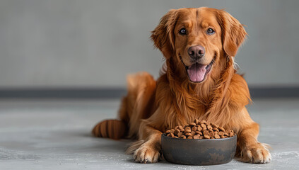 A golden retriever sitting next to an empty bowl of dog food, looking happy and content with its...