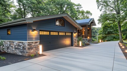 A modern home's garage with blue siding and stone trim, the driveway lined with solar lights