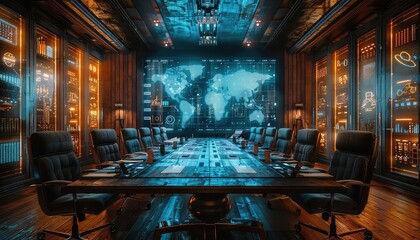 A dark, futuristic boardroom with a large holographic world map on the wall. The table is made of glass and has a futuristic design. There are 12 chairs around the table.