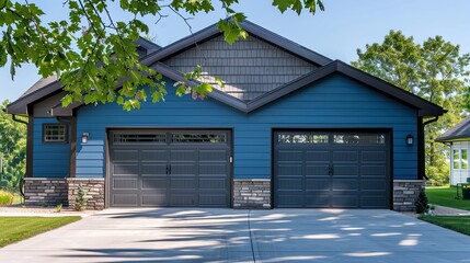 A modern home's two-car garage with blue siding and stone trim, an ornamental tree casting delicate shadows