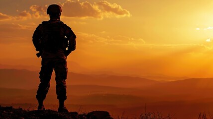 A soldier stands on a hill overlooking a valley
