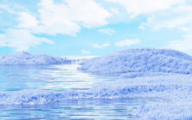 Outdoor grass and water surface products display background, 3d rendering.