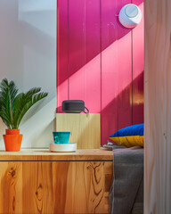 Vibrant minimalist home decor in contrasting colors. Interior design composition with high contrasts and shadows.