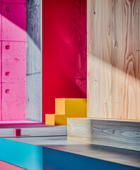 Vibrant minimalist home decor in contrasting colors. Interior design composition with high contrasts and shadows.