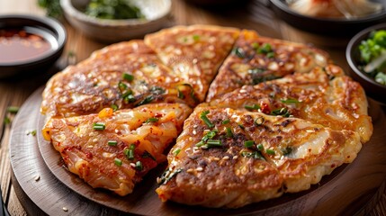 Korean Kimchi Pancake Kimchijeon 김치전, Food photography, Menu Concept, Crispy Golden, HD, Garnished with spring onions, wallpaper, background, Healthy, Banner