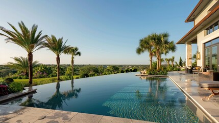 Fototapeta premium A panoramic view of a luxury pool home's expansive backyard oasis, complete with palm trees and a clear sky