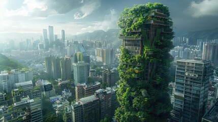 Obraz premium A photo of a futuristic city with green buildings and lush vegetation