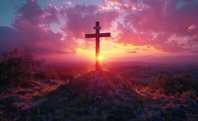 The cross on the hill with beautiful sunset sky background, Easter background, cross, 4k HD wallpaper，Dramatic Sunset Cross: Symbol of Christ's Passion Illuminated by Divine ，Crucifixion Of Jesus 