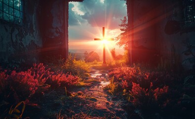 The cross on the hill with beautiful sunset sky background, Easter background, cross, 4k HD wallpaper，Dramatic Sunset Cross: Symbol of Christ's Passion Illuminated by Divine ，Crucifixion Of Jesus 
