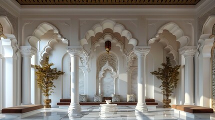 Five Indian-style arches, white with a gold touch, adorn the front wall.